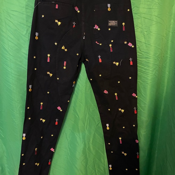 Akoo Brand Black Pants Embroidered Military Metals Pattern Size 34 Fit Cuffs - Picture 8 of 11